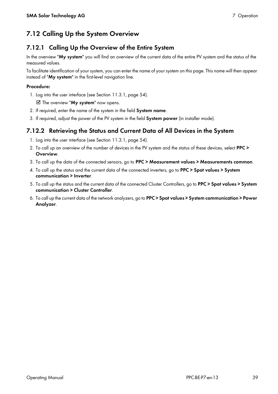 12 calling up the system overview, 1 calling up the overview of the entire system | SMA POWER PLANT CONTROLLER User Manual | Page 39 / 64