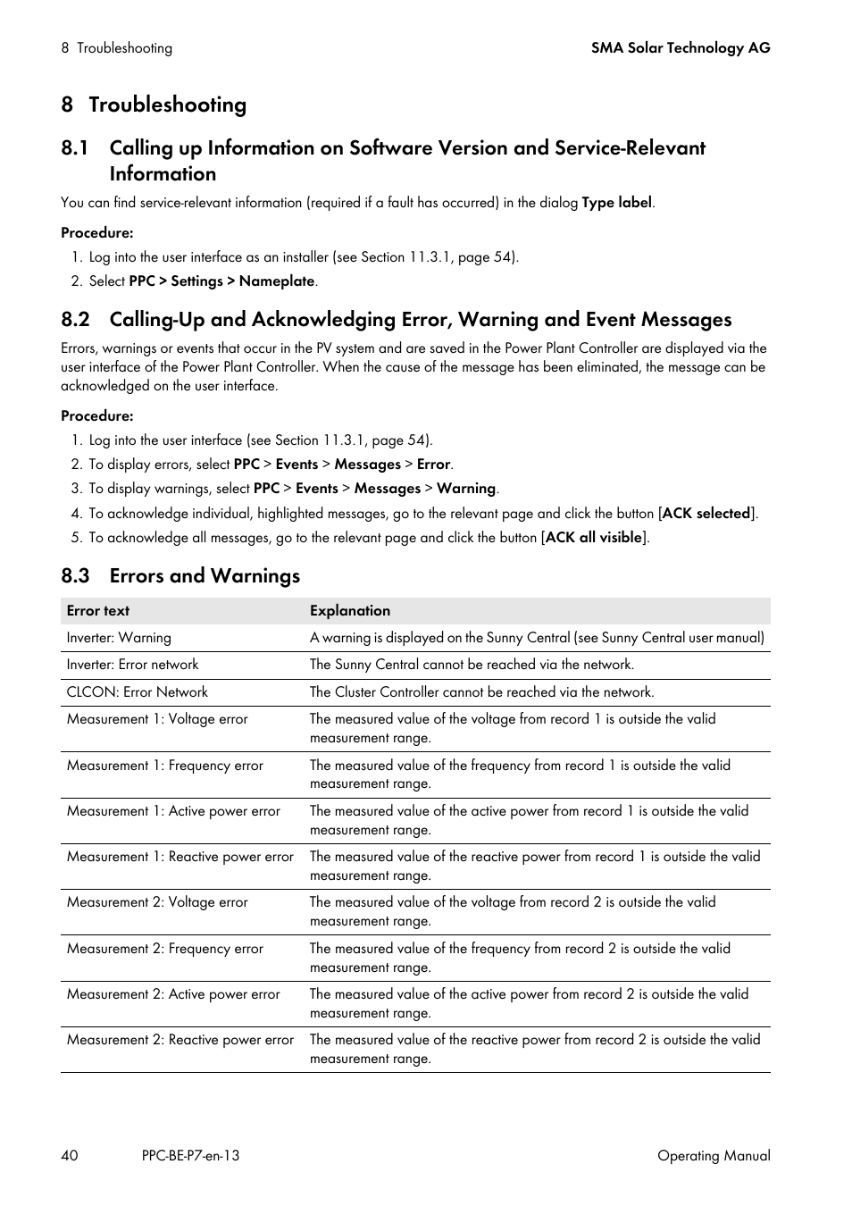 8 troubleshooting, 3 errors and warnings | SMA POWER PLANT CONTROLLER User Manual | Page 40 / 64