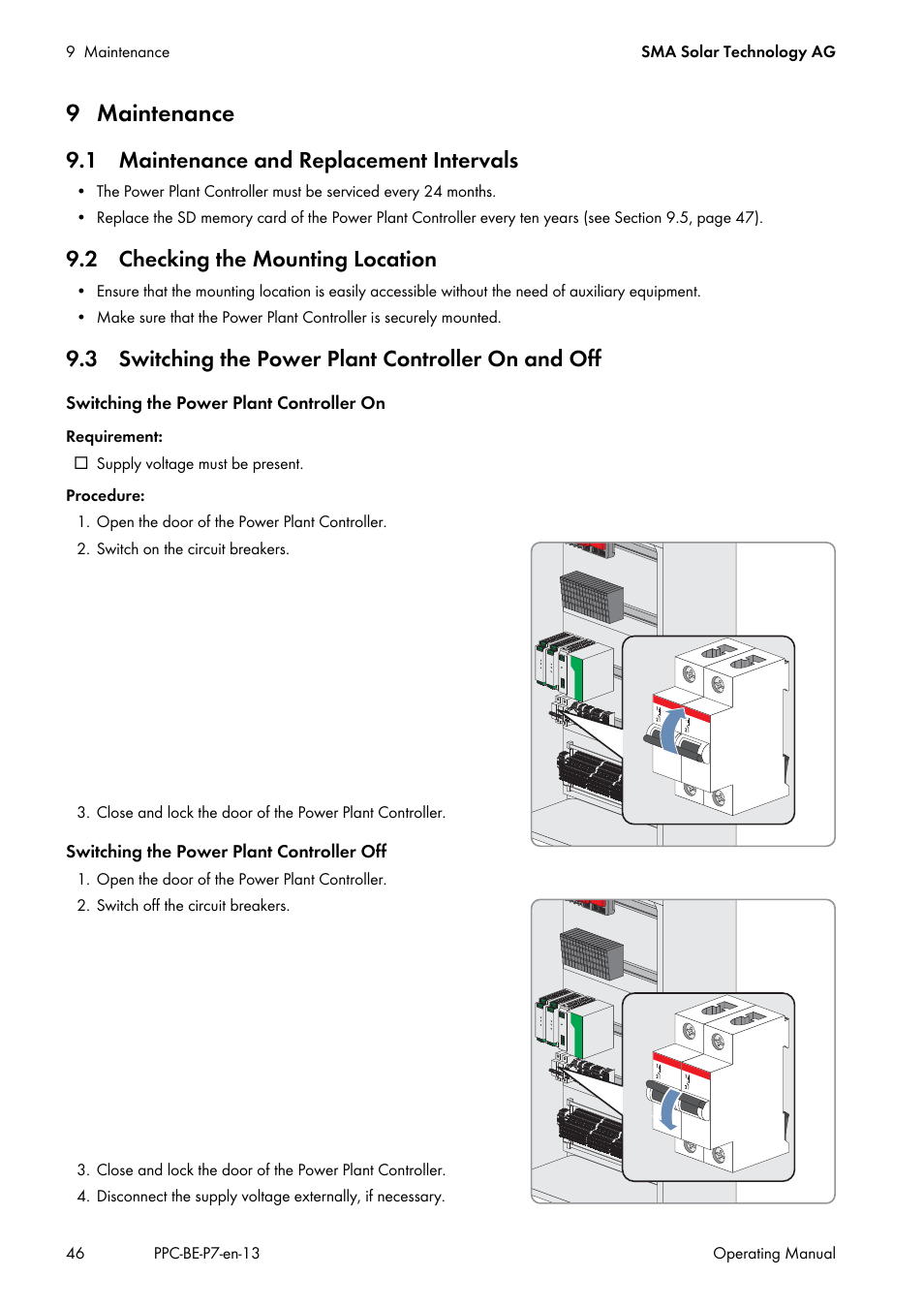 9 maintenance, 1 maintenance and replacement intervals, 2 checking the mounting location | 3 switching the power plant controller on and off | SMA POWER PLANT CONTROLLER User Manual | Page 46 / 64