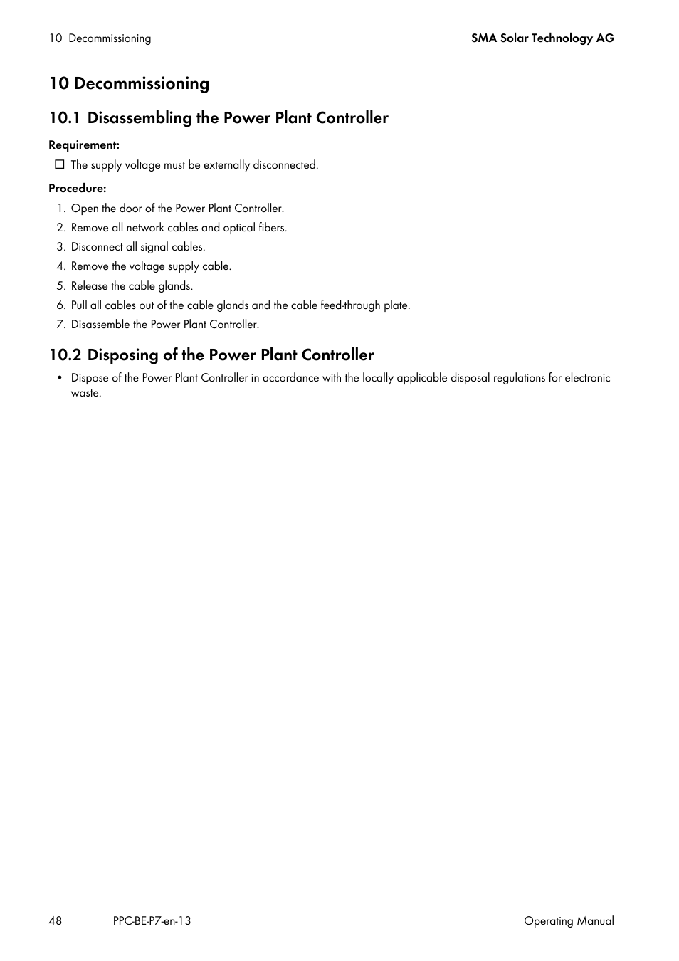 10 decommissioning, 1 disassembling the power plant controller, 2 disposing of the power plant controller | SMA POWER PLANT CONTROLLER User Manual | Page 48 / 64