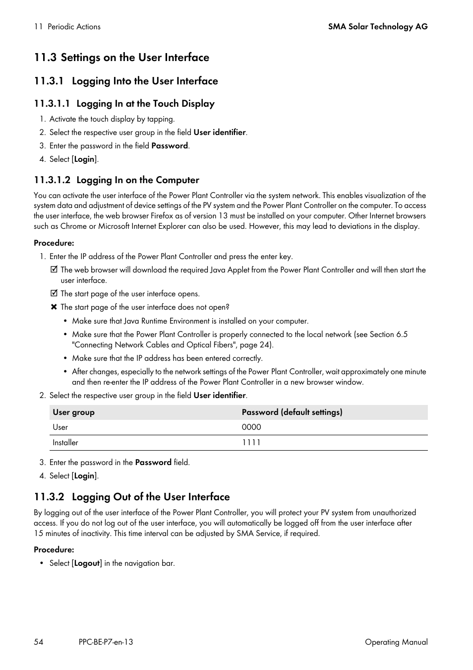 3 settings on the user interface, 1 logging into the user interface, 1 logging in at the touch display | 2 logging in on the computer, 2 logging out of the user interface | SMA POWER PLANT CONTROLLER User Manual | Page 54 / 64