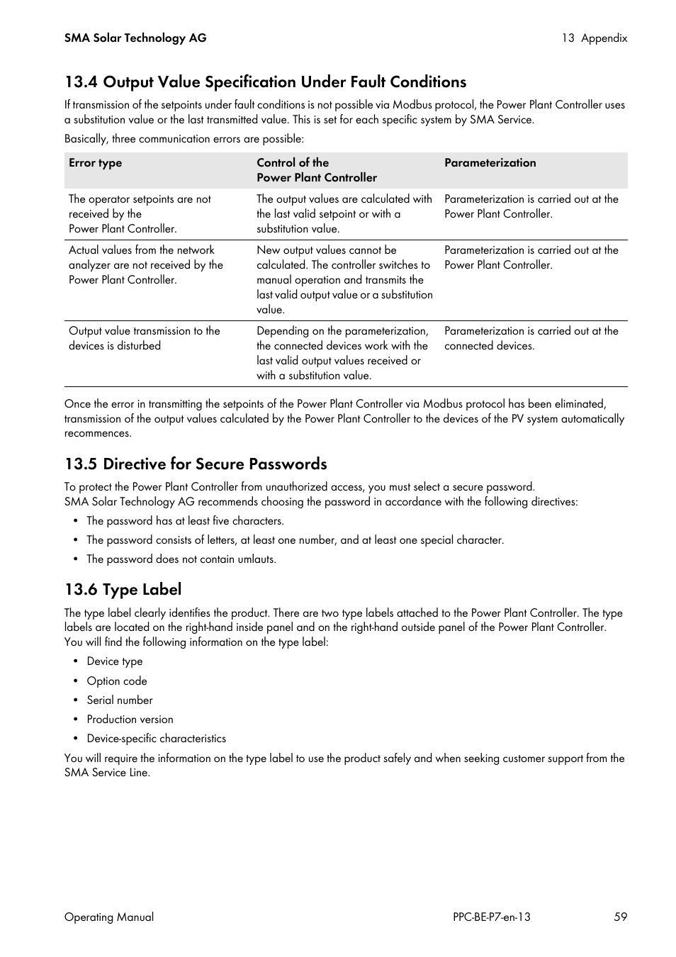 5 directive for secure passwords, 6 type label | SMA POWER PLANT CONTROLLER User Manual | Page 59 / 64