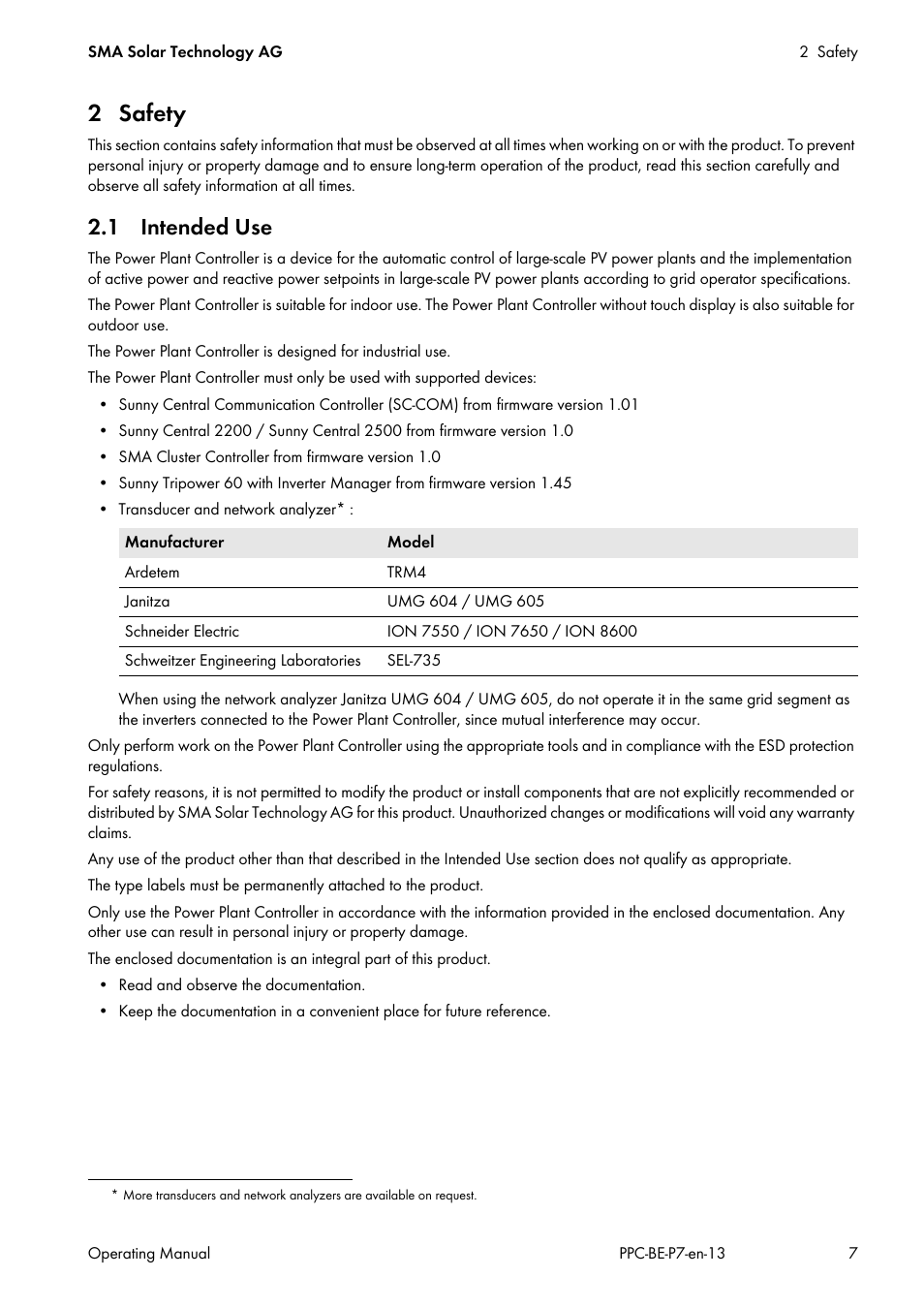 2 safety, 1 intended use | SMA POWER PLANT CONTROLLER User Manual | Page 7 / 64