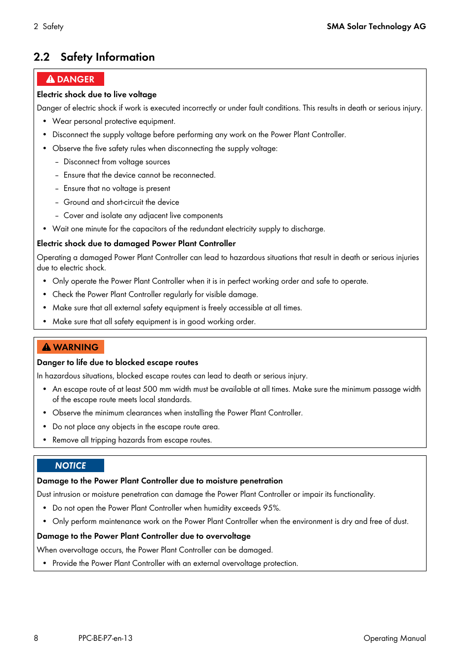 2 safety information | SMA POWER PLANT CONTROLLER User Manual | Page 8 / 64