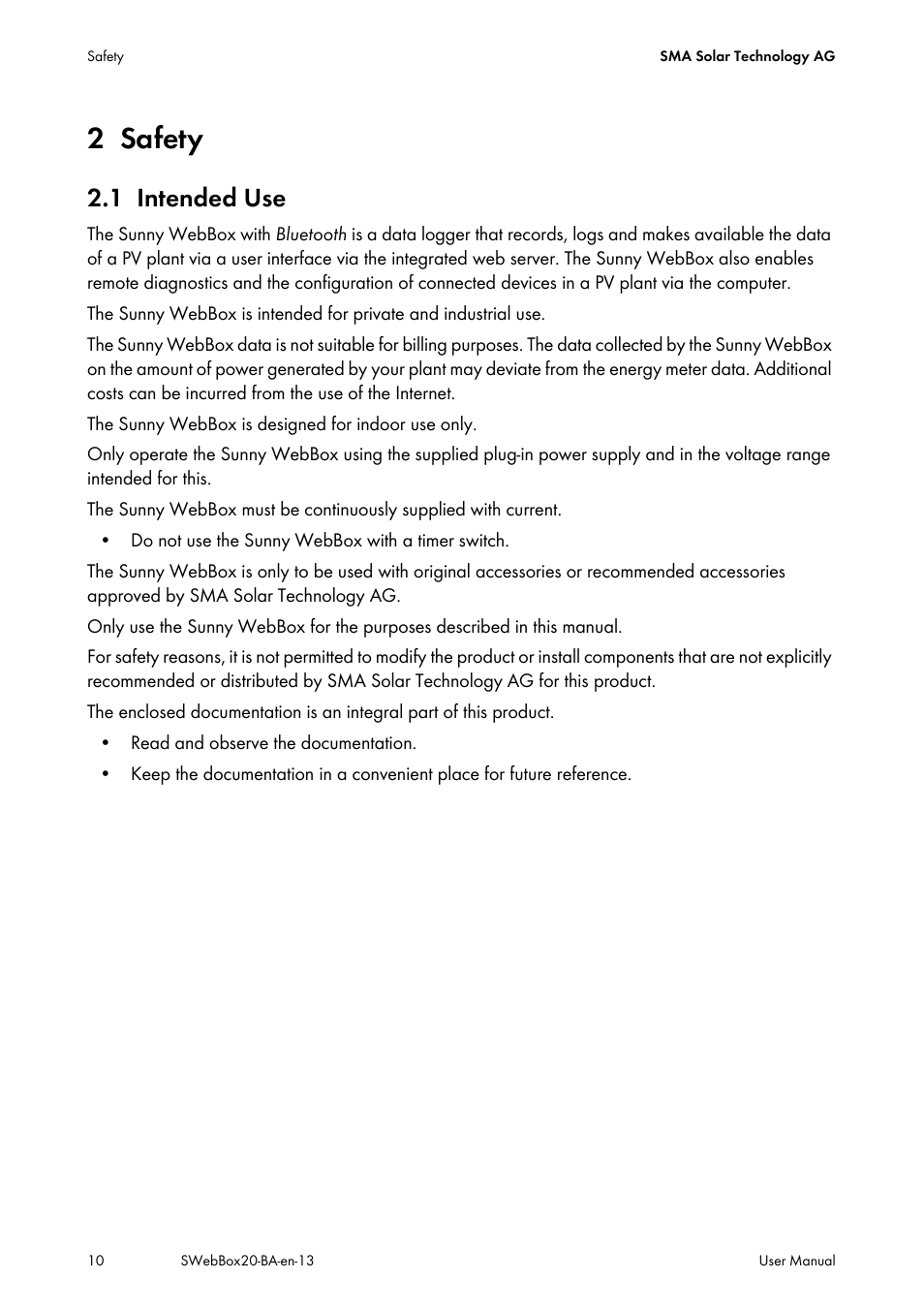 2 safety, 1 intended use, Safety | Intended use | SMA WEBBOX-BT-20 User Manual | Page 10 / 88