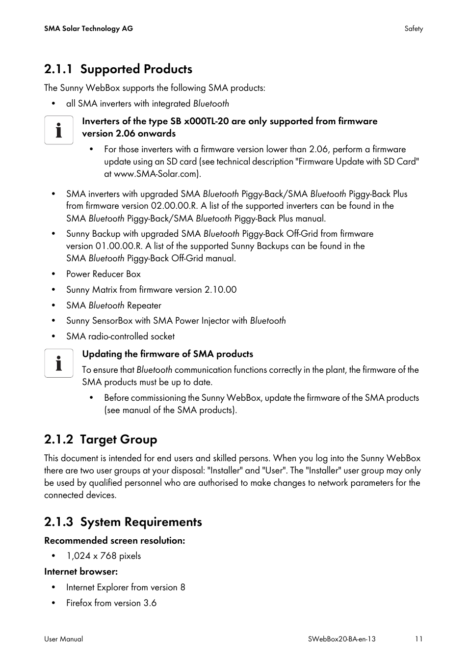 1 supported products, 2 target group, 3 system requirements | Supported products, Target group, System requirements | SMA WEBBOX-BT-20 User Manual | Page 11 / 88