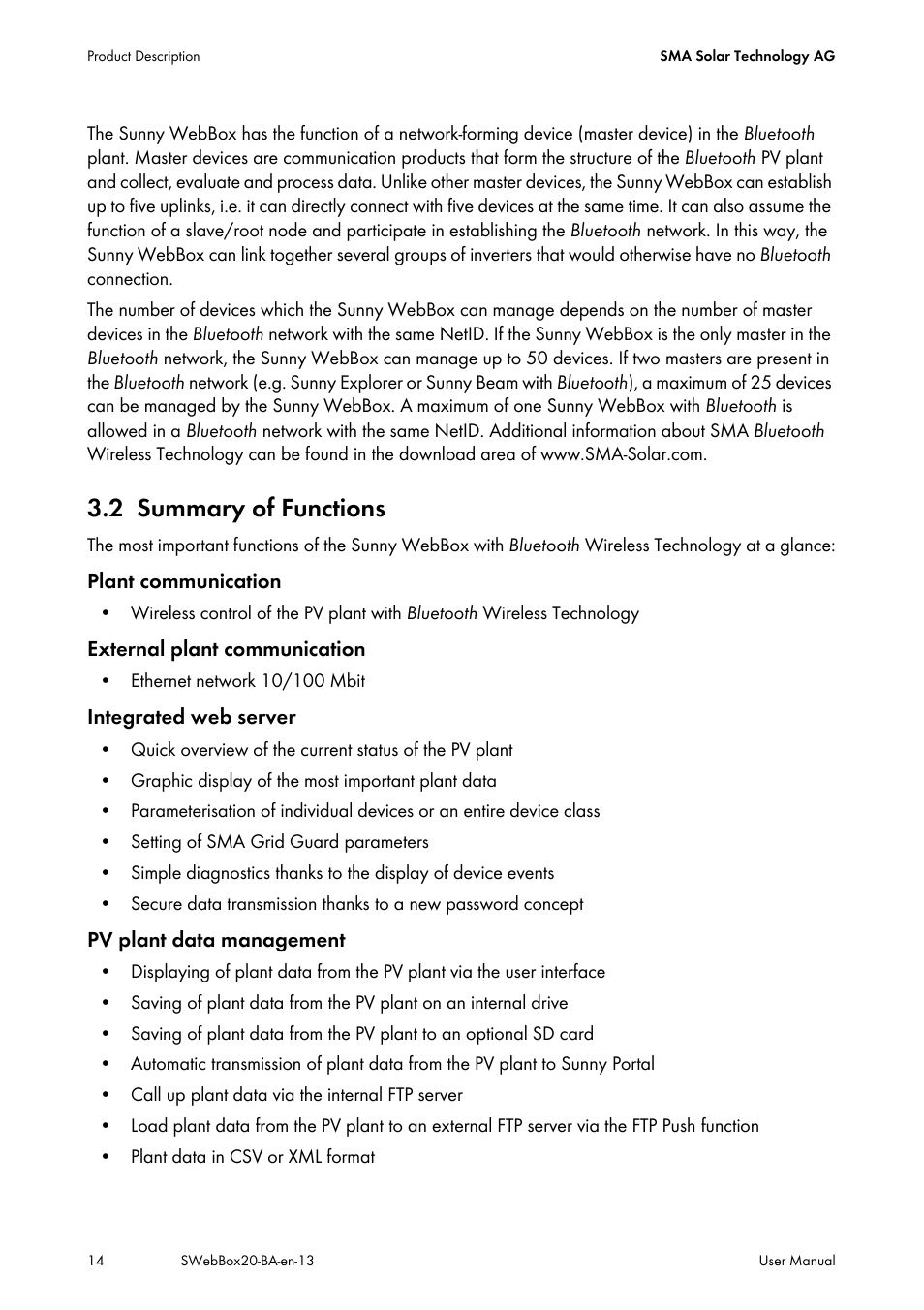 2 summary of functions, Summary of functions | SMA WEBBOX-BT-20 User Manual | Page 14 / 88