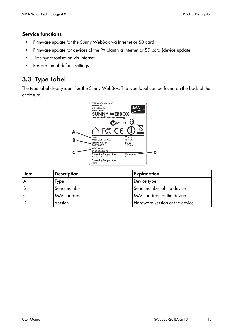 3 type label, Type label | SMA WEBBOX-BT-20 User Manual | Page 15 / 88