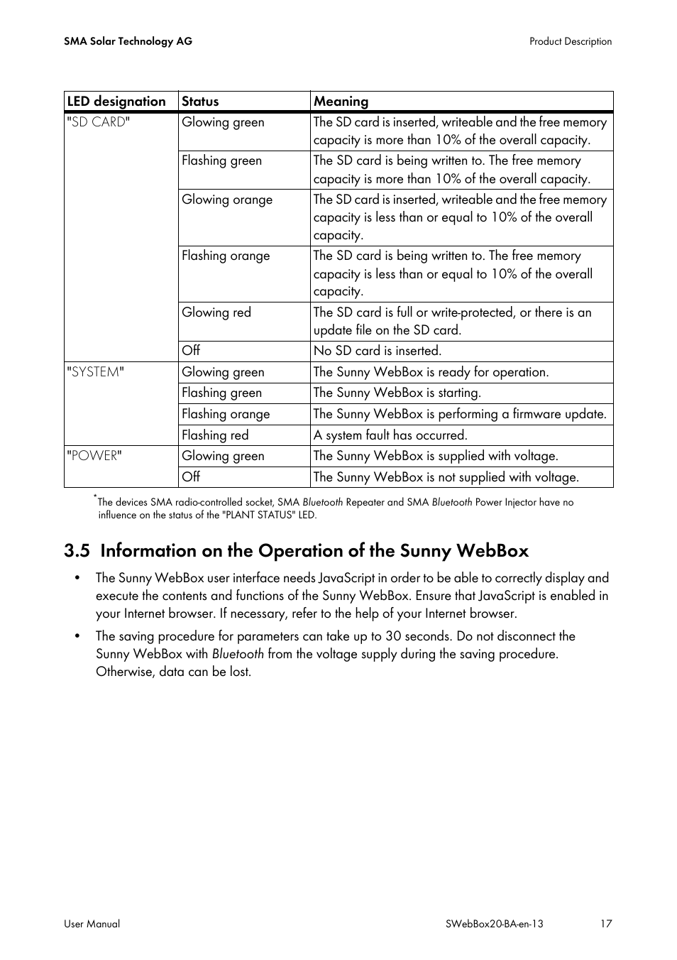 5 information on the operation of the sunny webbox, Information on the operation of the sunny webbox | SMA WEBBOX-BT-20 User Manual | Page 17 / 88