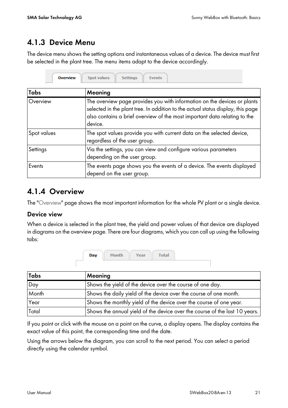 3 device menu, 4 overview, Device menu | Overview | SMA WEBBOX-BT-20 User Manual | Page 21 / 88