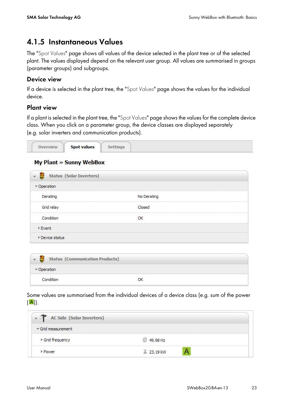 5 instantaneous values, Instantaneous values | SMA WEBBOX-BT-20 User Manual | Page 23 / 88