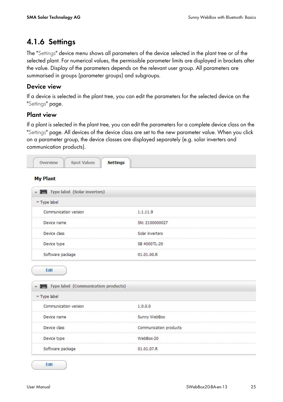 6 settings, Settings | SMA WEBBOX-BT-20 User Manual | Page 25 / 88