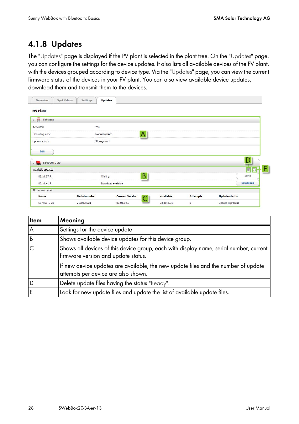 8 updates, Updates | SMA WEBBOX-BT-20 User Manual | Page 28 / 88