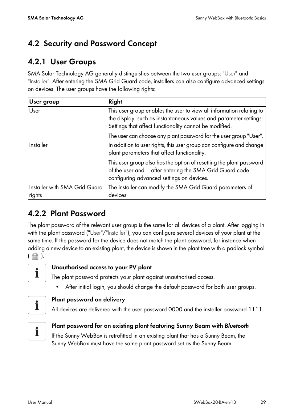 2 security and password concept, 1 user groups, 2 plant password | Security and password concept, User groups, Plant password, 2 security and password concept 4.2.1 user groups | SMA WEBBOX-BT-20 User Manual | Page 29 / 88