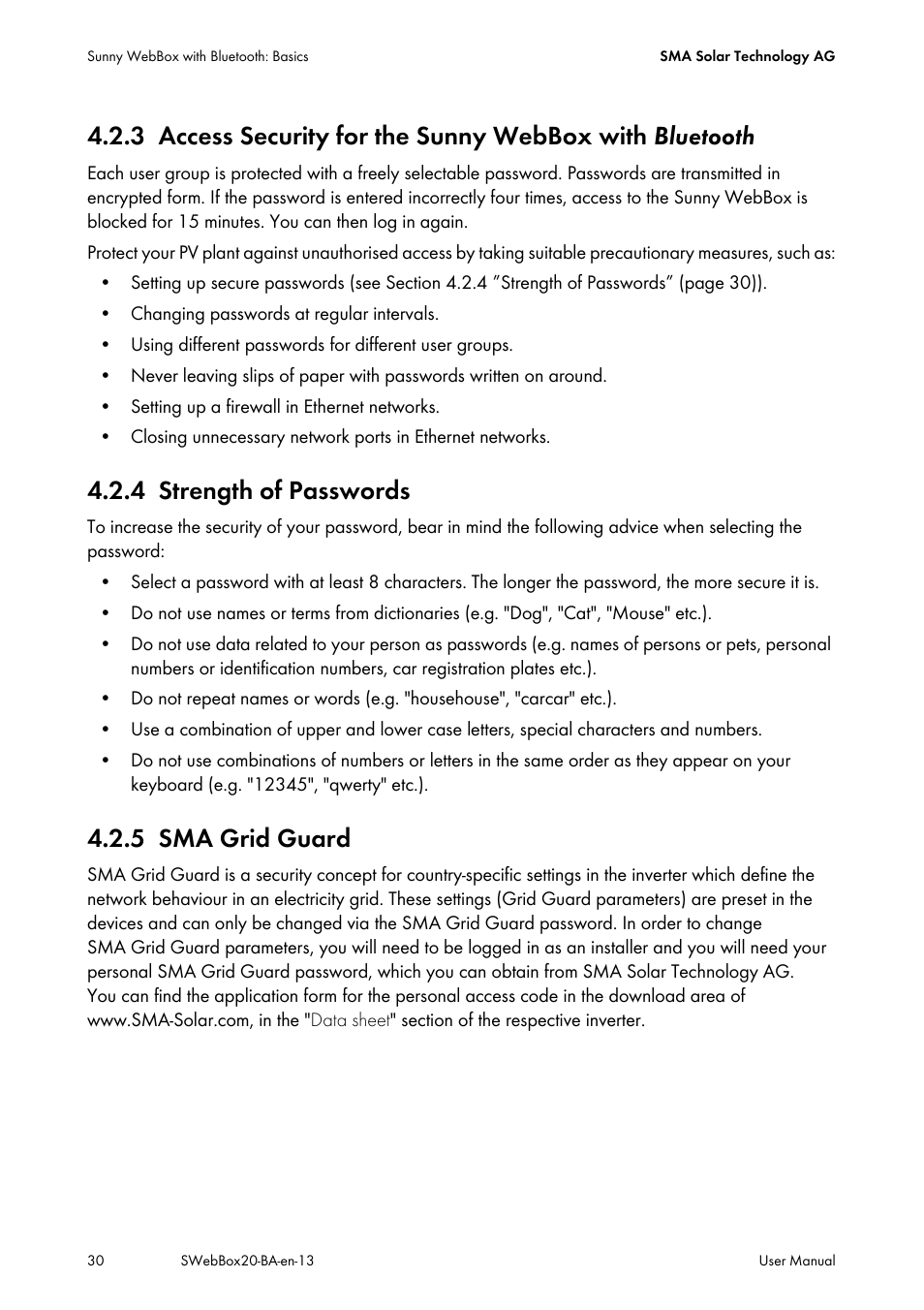 4 strength of passwords, 5 sma grid guard, Access security for the sunny webbox with | Strength of passwords, Sma grid guard | SMA WEBBOX-BT-20 User Manual | Page 30 / 88