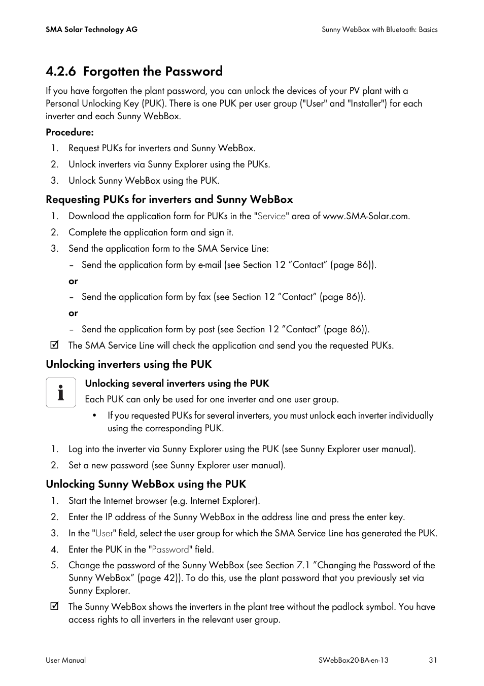 6 forgotten the password, Forgotten the password | SMA WEBBOX-BT-20 User Manual | Page 31 / 88