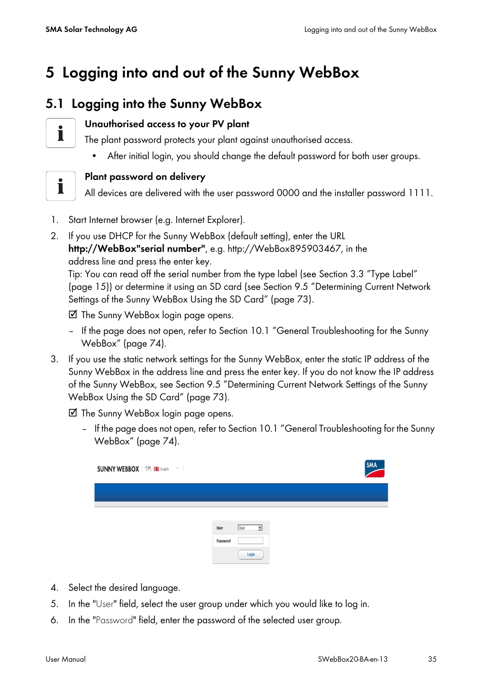 5 logging into and out of the sunny webbox, 1 logging into the sunny webbox, Logging into and out of the sunny webbox | Logging into the sunny webbox | SMA WEBBOX-BT-20 User Manual | Page 35 / 88