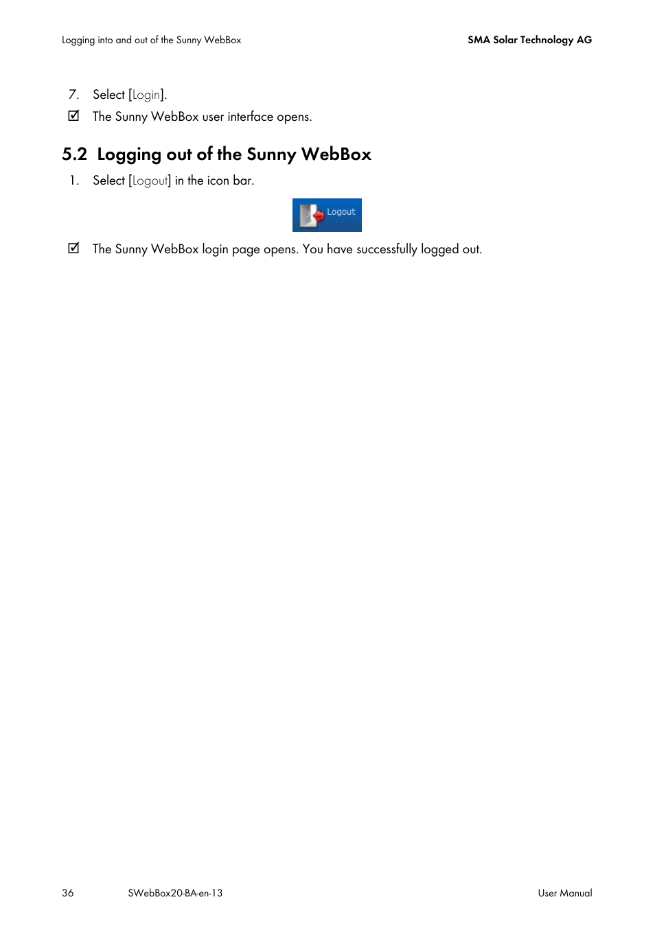 2 logging out of the sunny webbox, Logging out of the sunny webbox | SMA WEBBOX-BT-20 User Manual | Page 36 / 88