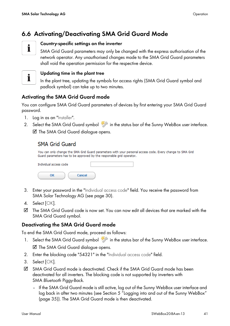 6 activating/deactivating sma grid guard mode, Activating/deactivating sma grid guard mode | SMA WEBBOX-BT-20 User Manual | Page 41 / 88