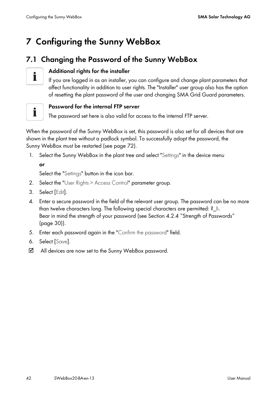 7 configuring the sunny webbox, 1 changing the password of the sunny webbox, Configuring the sunny webbox | Changing the password of the sunny webbox, 1 ”changing the password of the | SMA WEBBOX-BT-20 User Manual | Page 42 / 88