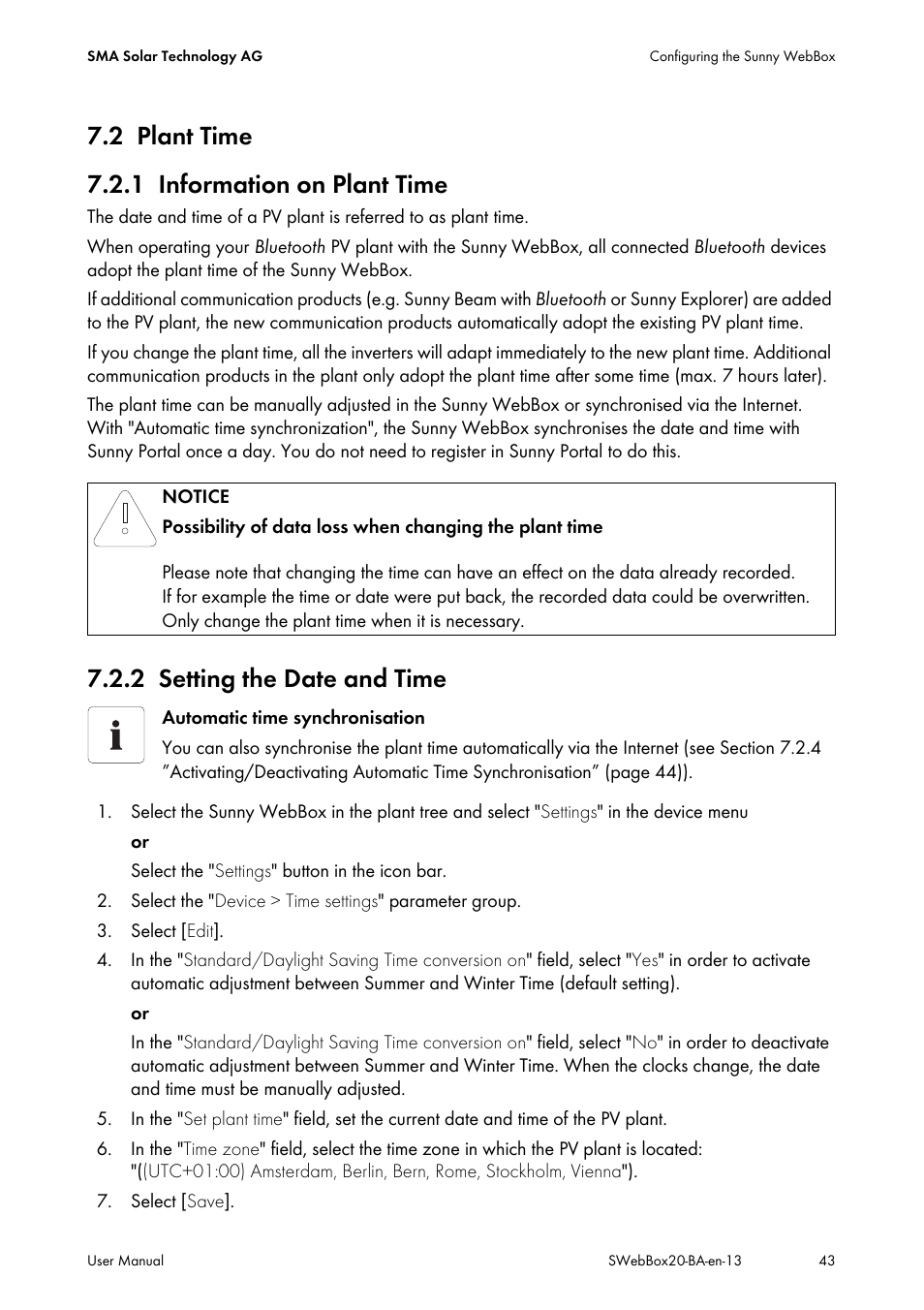 2 plant time, 1 information on plant time, 2 setting the date and time | Plant time, Information on plant time, Setting the date and time, 2 plant time 7.2.1 information on plant time | SMA WEBBOX-BT-20 User Manual | Page 43 / 88