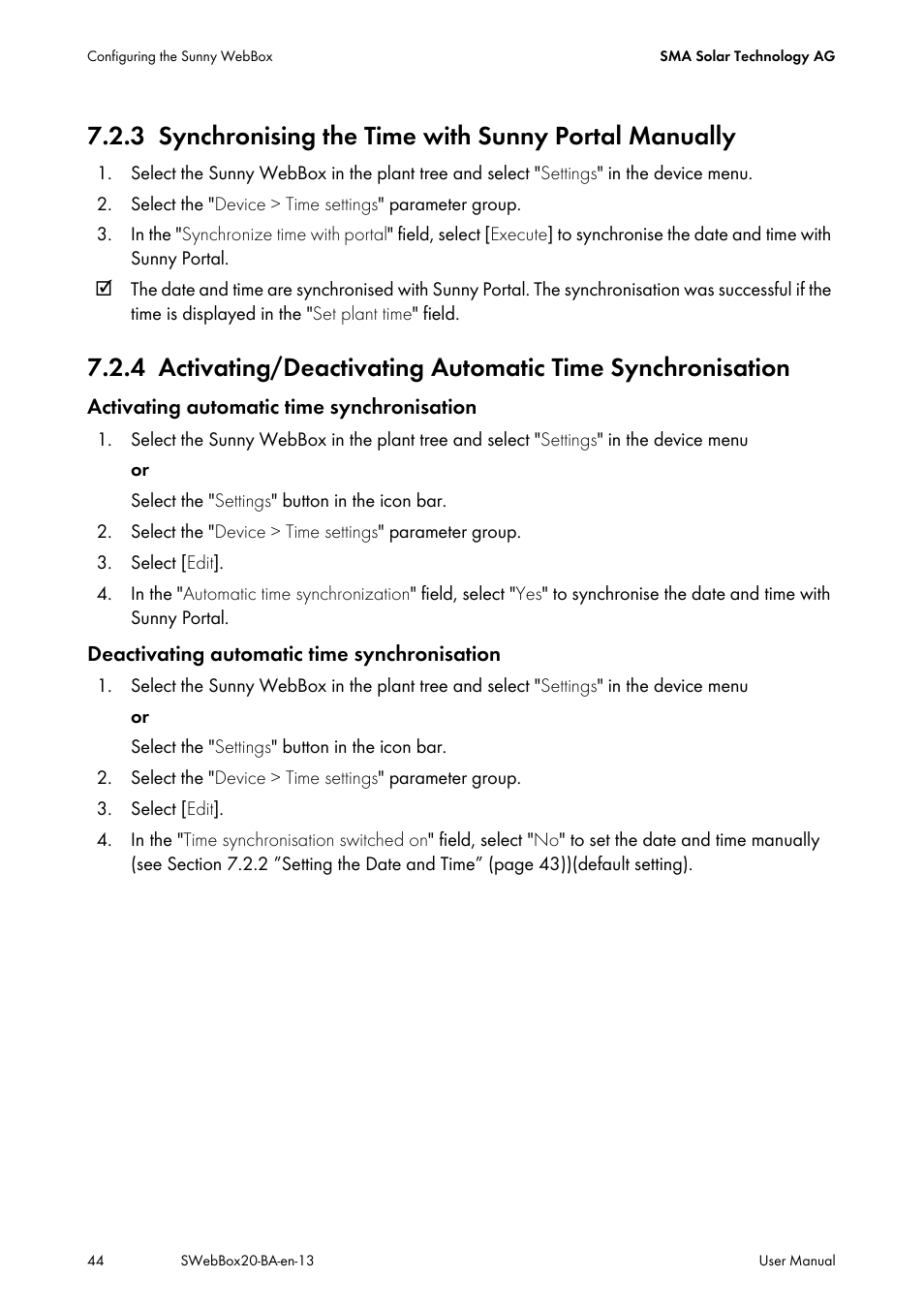 Synchronising the time with sunny portal manually | SMA WEBBOX-BT-20 User Manual | Page 44 / 88