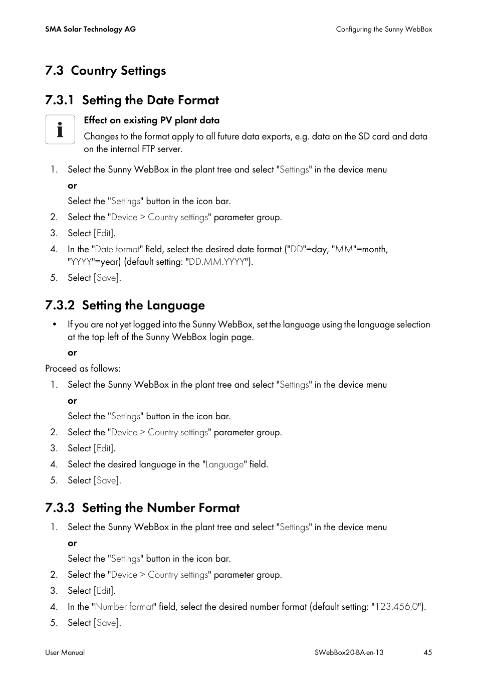 3 country settings, 1 setting the date format, 2 setting the language | 3 setting the number format, Country settings, Setting the date format, Setting the language, Setting the number format, 3 country settings 7.3.1 setting the date format | SMA WEBBOX-BT-20 User Manual | Page 45 / 88