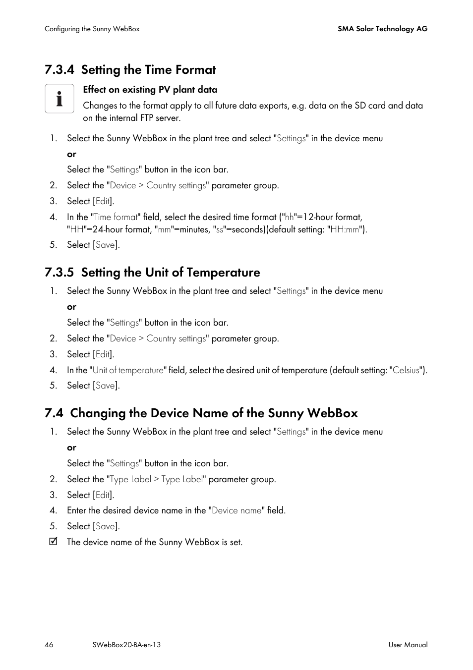 4 setting the time format, 5 setting the unit of temperature, 4 changing the device name of the sunny webbox | Setting the time format, Setting the unit of temperature, Changing the device name of the sunny webbox | SMA WEBBOX-BT-20 User Manual | Page 46 / 88