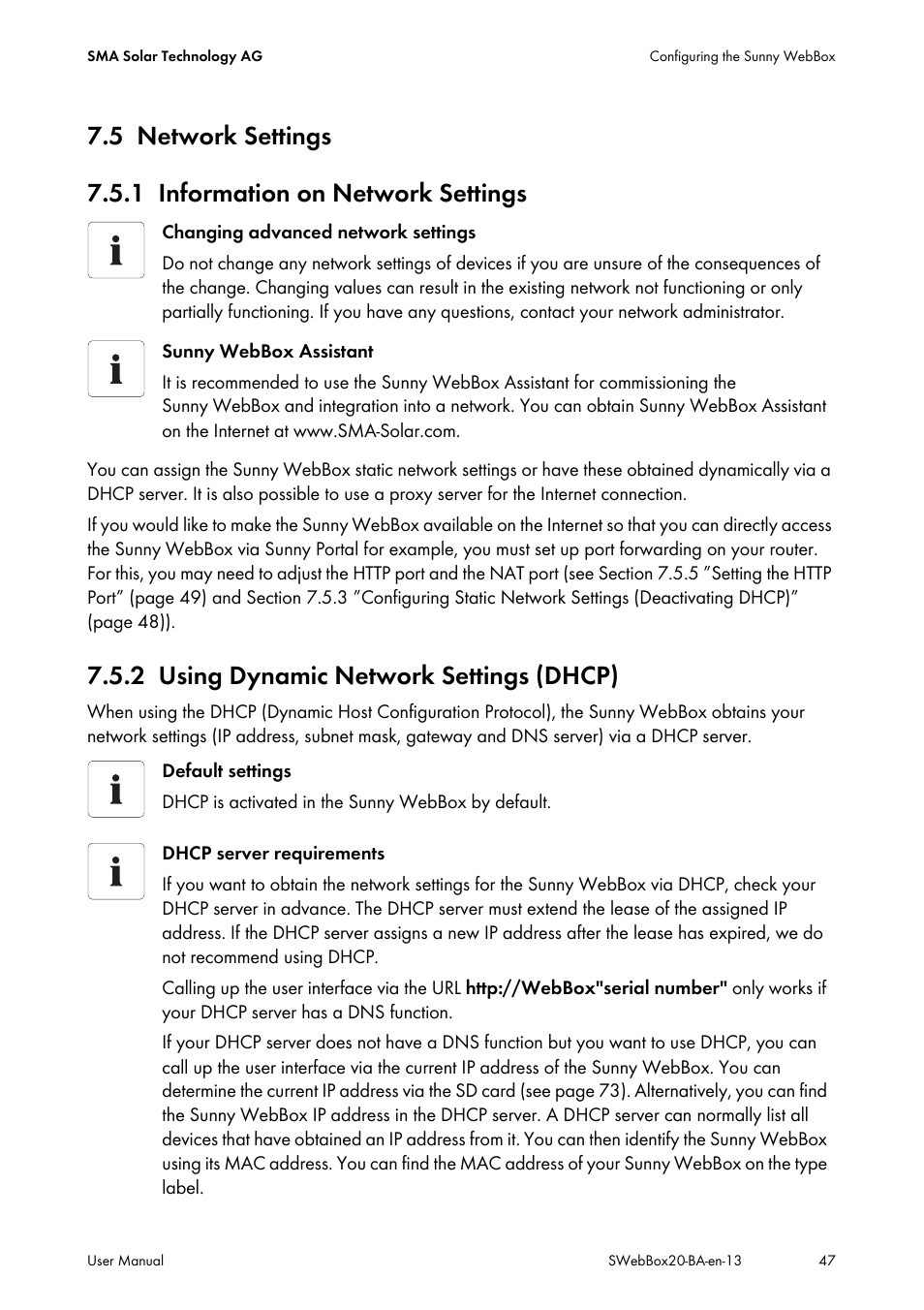 5 network settings, 1 information on network settings, 2 using dynamic network settings (dhcp) | Network settings, Information on network settings, Using dynamic network settings (dhcp) | SMA WEBBOX-BT-20 User Manual | Page 47 / 88