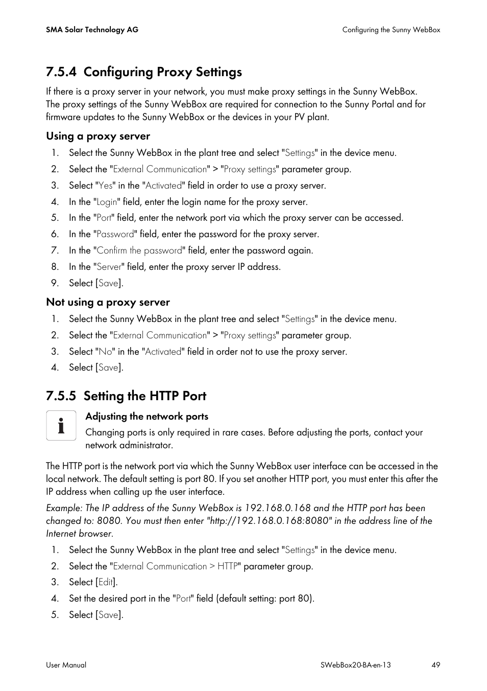 4 configuring proxy settings, 5 setting the http port, Configuring proxy settings | Setting the http port | SMA WEBBOX-BT-20 User Manual | Page 49 / 88