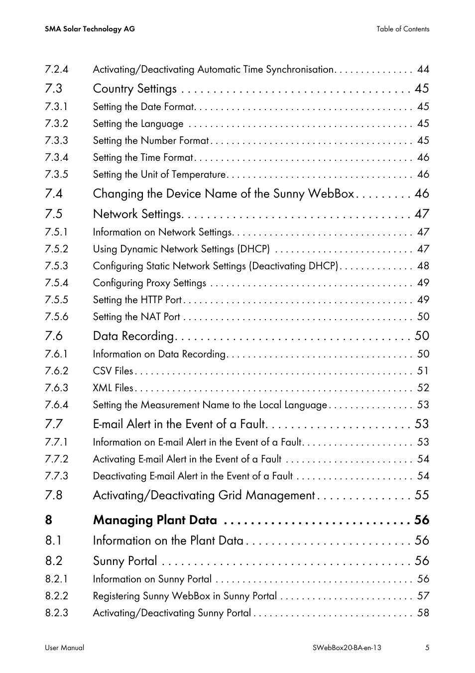 3 country settings, 6 data recording, 7 e-mail alert in the event of a fault | SMA WEBBOX-BT-20 User Manual | Page 5 / 88