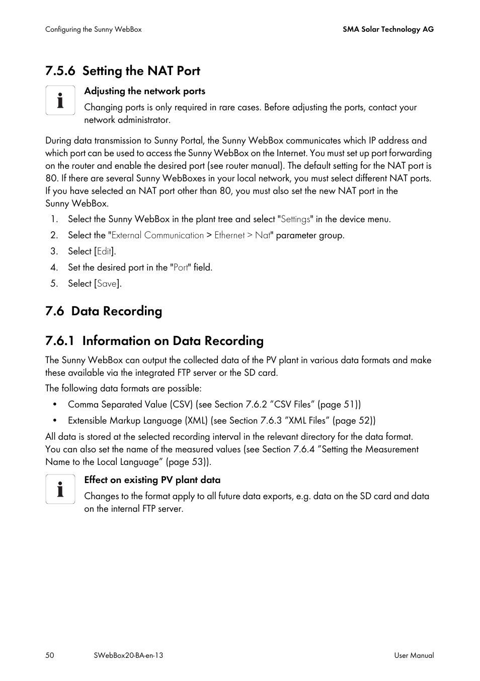 6 setting the nat port, 6 data recording, 1 information on data recording | Setting the nat port, Data recording, Information on data recording | SMA WEBBOX-BT-20 User Manual | Page 50 / 88