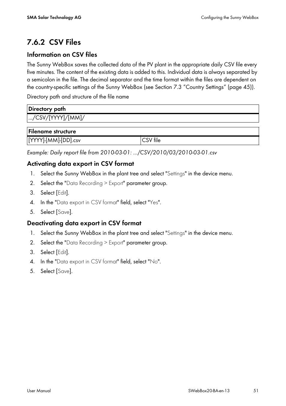 2 csv files, Csv files | SMA WEBBOX-BT-20 User Manual | Page 51 / 88