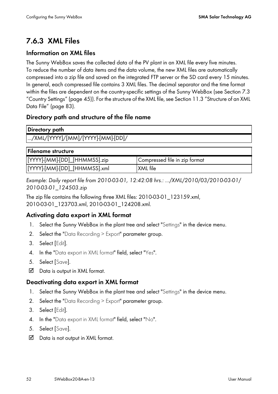 3 xml files, Xml files | SMA WEBBOX-BT-20 User Manual | Page 52 / 88