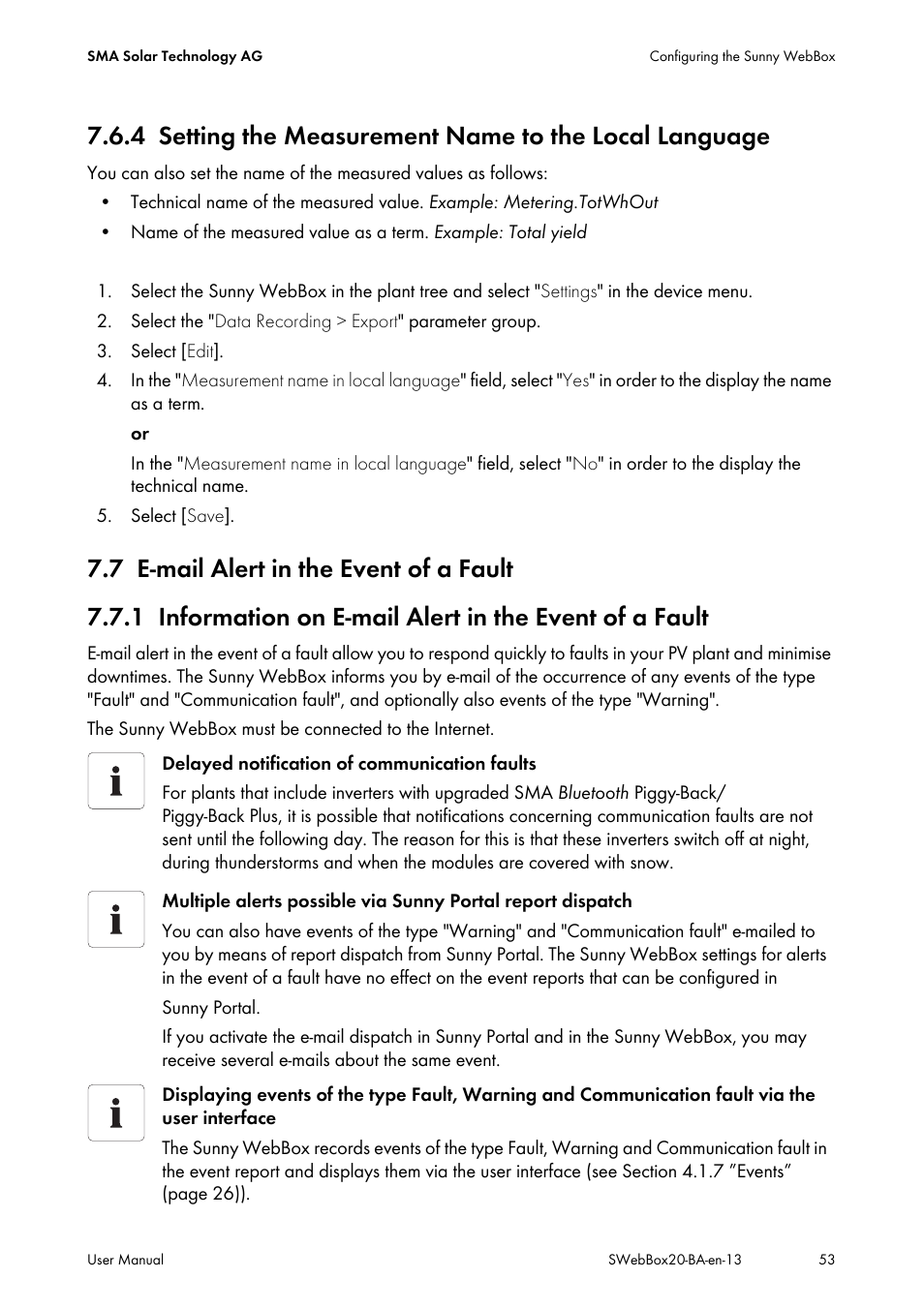 7 e-mail alert in the event of a fault, Setting the measurement name to the local language, E-mail alert in the event of a fault | SMA WEBBOX-BT-20 User Manual | Page 53 / 88