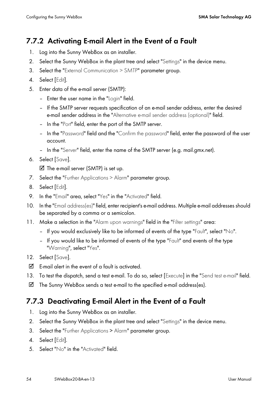 2 activating e-mail alert in the event of a fault, Activating e-mail alert in the event of a fault, Deactivating e-mail alert in the event of a fault | SMA WEBBOX-BT-20 User Manual | Page 54 / 88