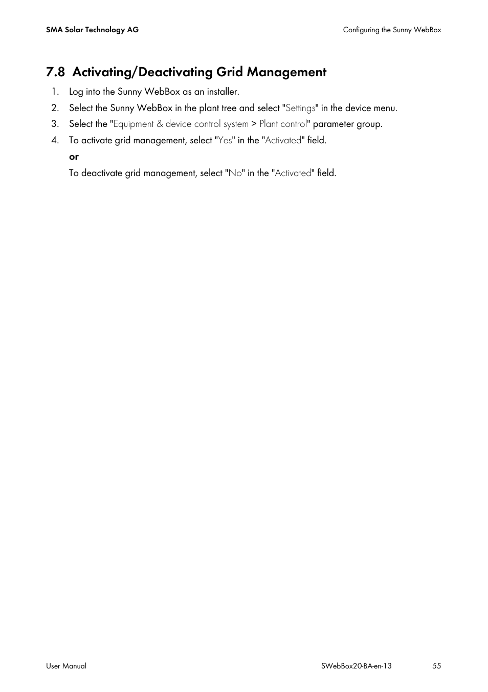 8 activating/deactivating grid management, Activating/deactivating grid management | SMA WEBBOX-BT-20 User Manual | Page 55 / 88