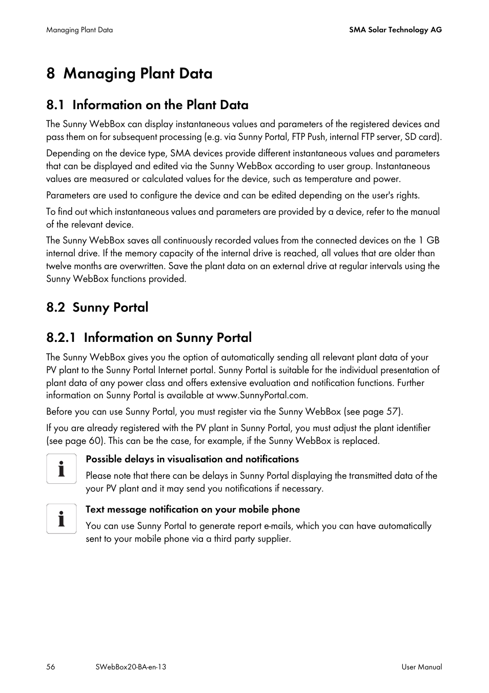 8 managing plant data, 1 information on the plant data, 2 sunny portal | 1 information on sunny portal, Managing plant data, Information on the plant data, Sunny portal, Information on sunny portal, 2 sunny portal 8.2.1 information on sunny portal | SMA WEBBOX-BT-20 User Manual | Page 56 / 88