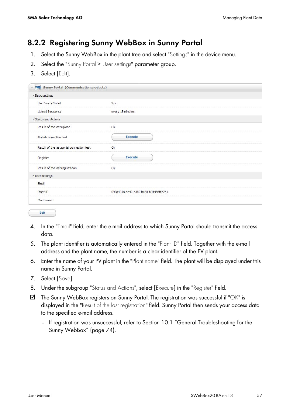 2 registering sunny webbox in sunny portal, Registering sunny webbox in sunny portal | SMA WEBBOX-BT-20 User Manual | Page 57 / 88