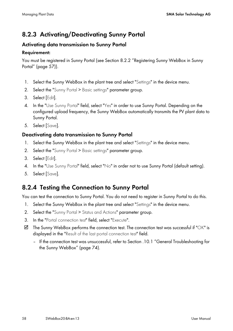 3 activating/deactivating sunny portal, 4 testing the connection to sunny portal, Activating/deactivating sunny portal | Testing the connection to sunny portal | SMA WEBBOX-BT-20 User Manual | Page 58 / 88