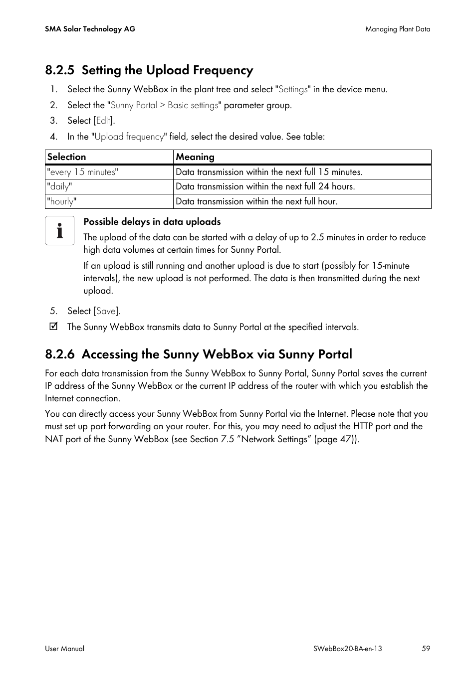 5 setting the upload frequency, 6 accessing the sunny webbox via sunny portal, Setting the upload frequency | Accessing the sunny webbox via sunny portal | SMA WEBBOX-BT-20 User Manual | Page 59 / 88