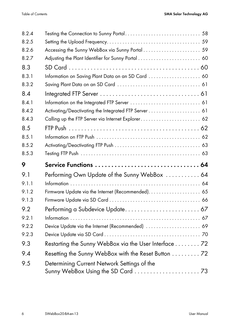 3 sd card, 4 integrated ftp server, 5 ftp push | 2 performing a subdevice update | SMA WEBBOX-BT-20 User Manual | Page 6 / 88