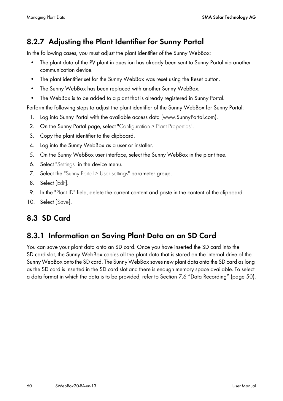 7 adjusting the plant identifier for sunny portal, 3 sd card, 1 information on saving plant data on an sd card | Adjusting the plant identifier for sunny portal, Sd card, Information on saving plant data on an sd card | SMA WEBBOX-BT-20 User Manual | Page 60 / 88