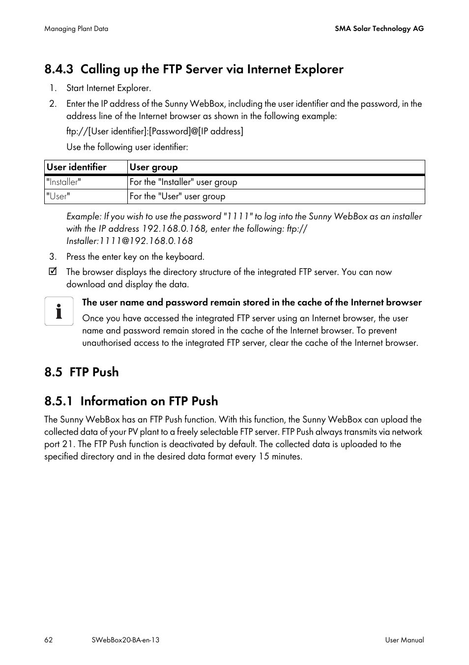 3 calling up the ftp server via internet explorer, 5 ftp push, 1 information on ftp push | Calling up the ftp server via internet explorer, Ftp push, Information on ftp push, 5 ftp push 8.5.1 information on ftp push | SMA WEBBOX-BT-20 User Manual | Page 62 / 88