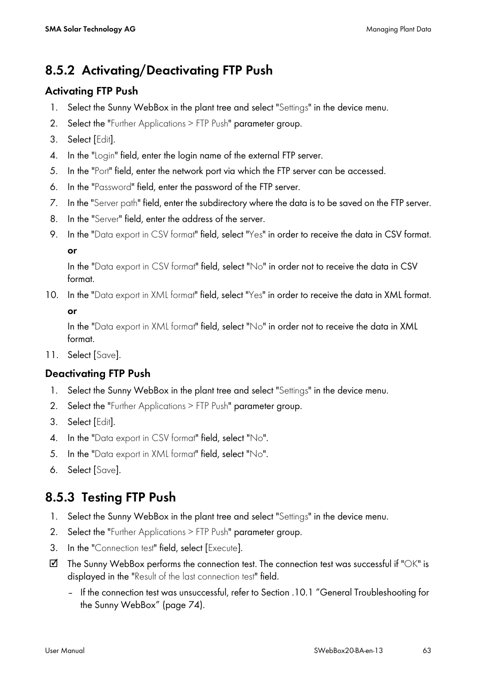 2 activating/deactivating ftp push, 3 testing ftp push, Activating/deactivating ftp push | Testing ftp push | SMA WEBBOX-BT-20 User Manual | Page 63 / 88