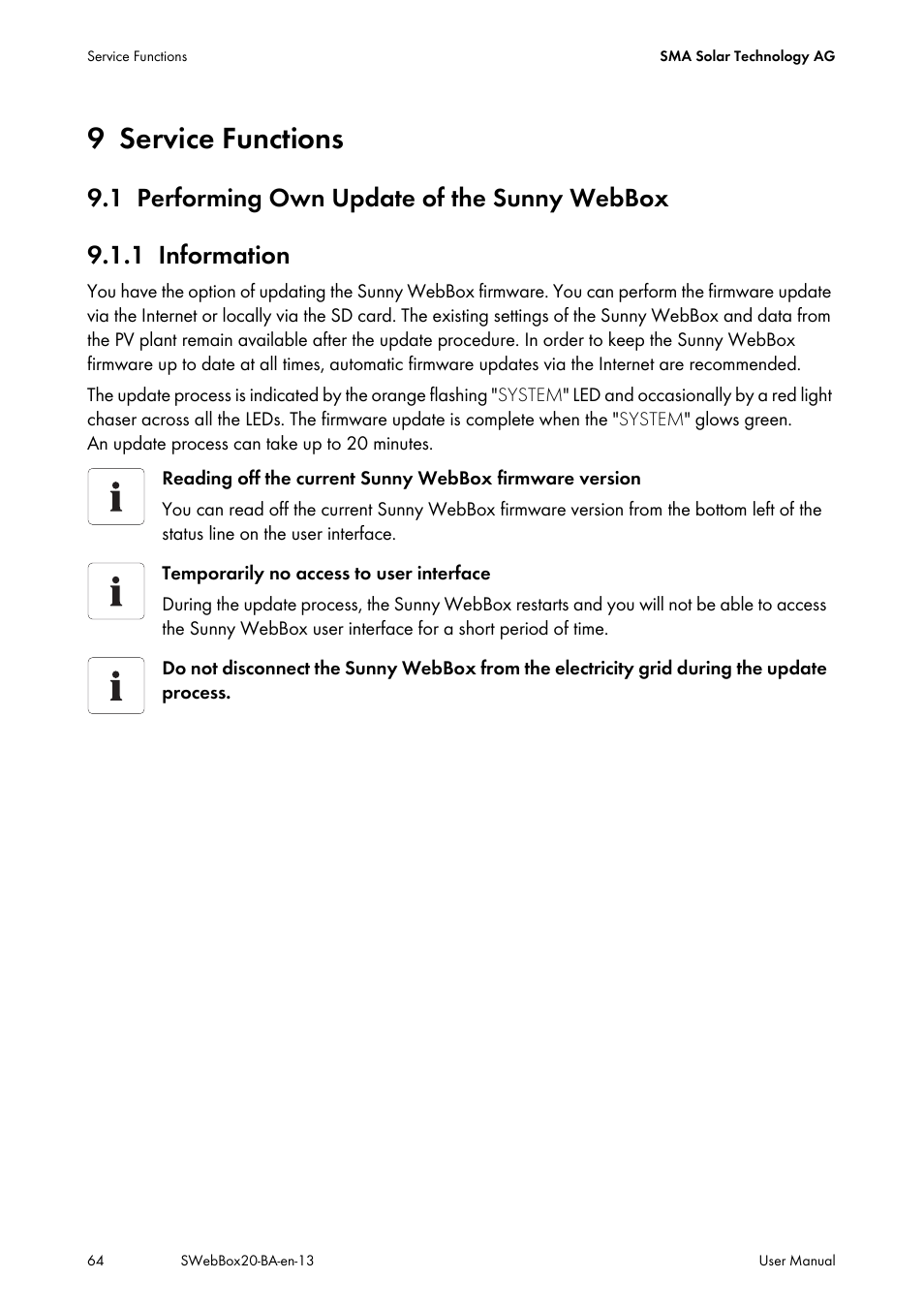 9 service functions, 1 performing own update of the sunny webbox, 1 information | Service functions, Performing own update of the sunny webbox, Information | SMA WEBBOX-BT-20 User Manual | Page 64 / 88