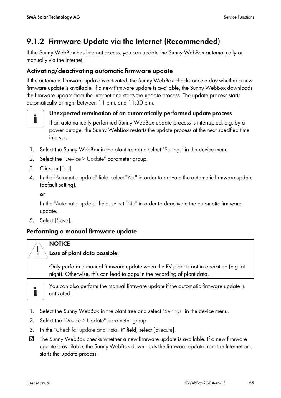 2 firmware update via the internet (recommended), Firmware update via the internet (recommended) | SMA WEBBOX-BT-20 User Manual | Page 65 / 88