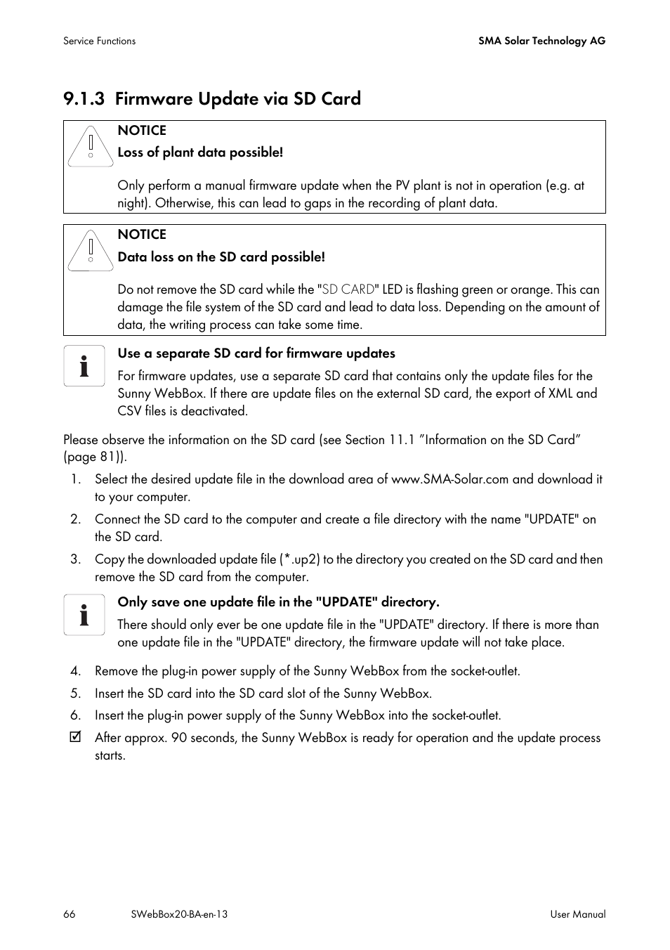 3 firmware update via sd card, Firmware update via sd card | SMA WEBBOX-BT-20 User Manual | Page 66 / 88