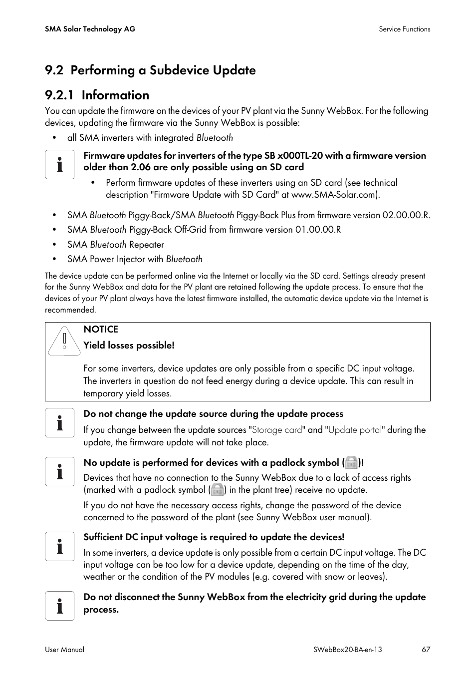 2 performing a subdevice update, 1 information, Performing a subdevice update | Information, 2 performing a subdevice update 9.2.1 information | SMA WEBBOX-BT-20 User Manual | Page 67 / 88