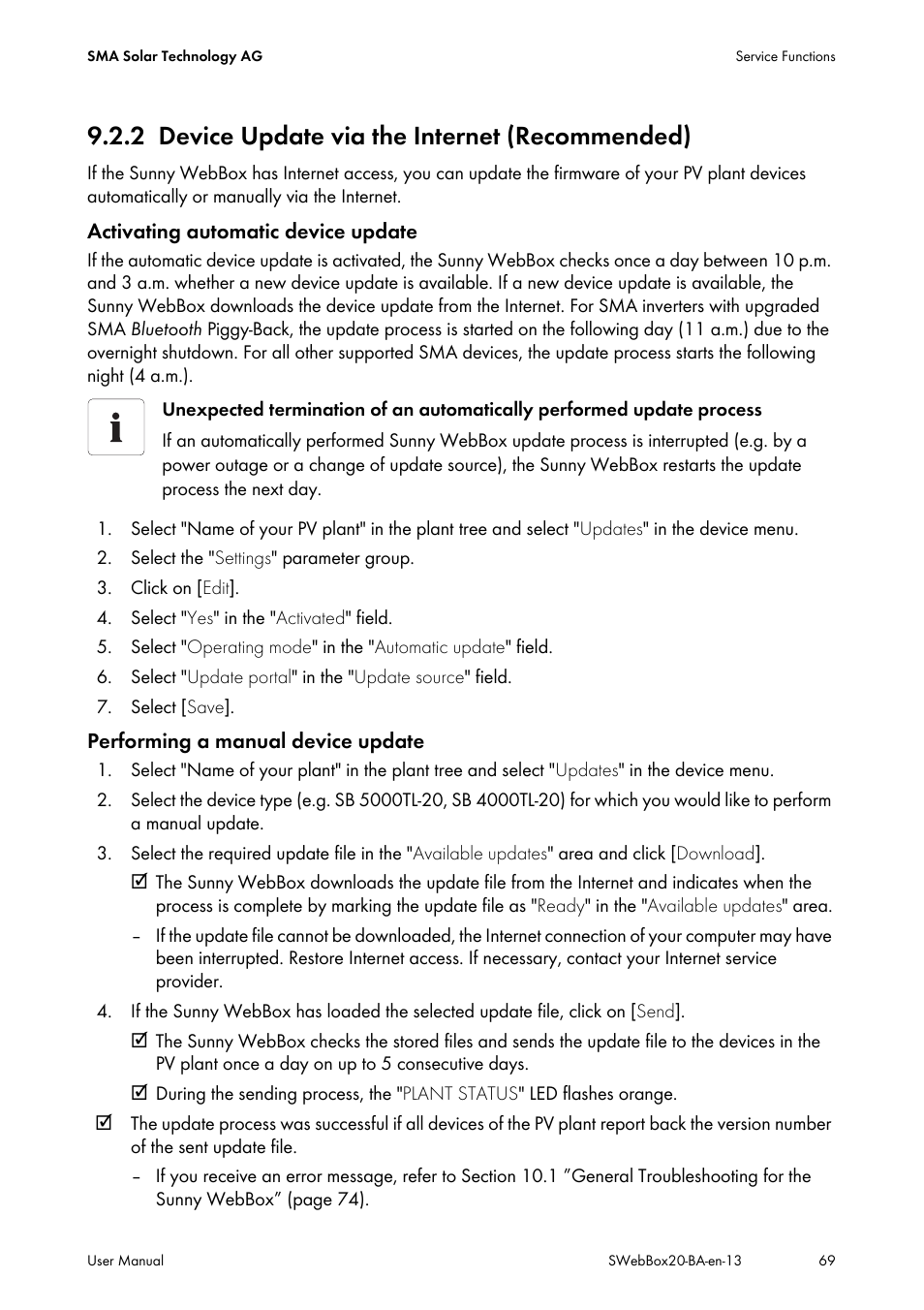 2 device update via the internet (recommended), Device update via the internet (recommended) | SMA WEBBOX-BT-20 User Manual | Page 69 / 88